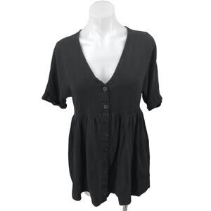Urban Outfitters Black Linen Short Sleeve V-neck Button Down Mini Shirt Dress XS